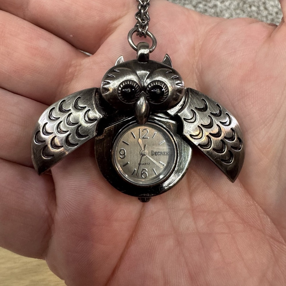 Vintage Decree Owl Pocket Watch Pendant Necklace Wings Untested Needs Battery